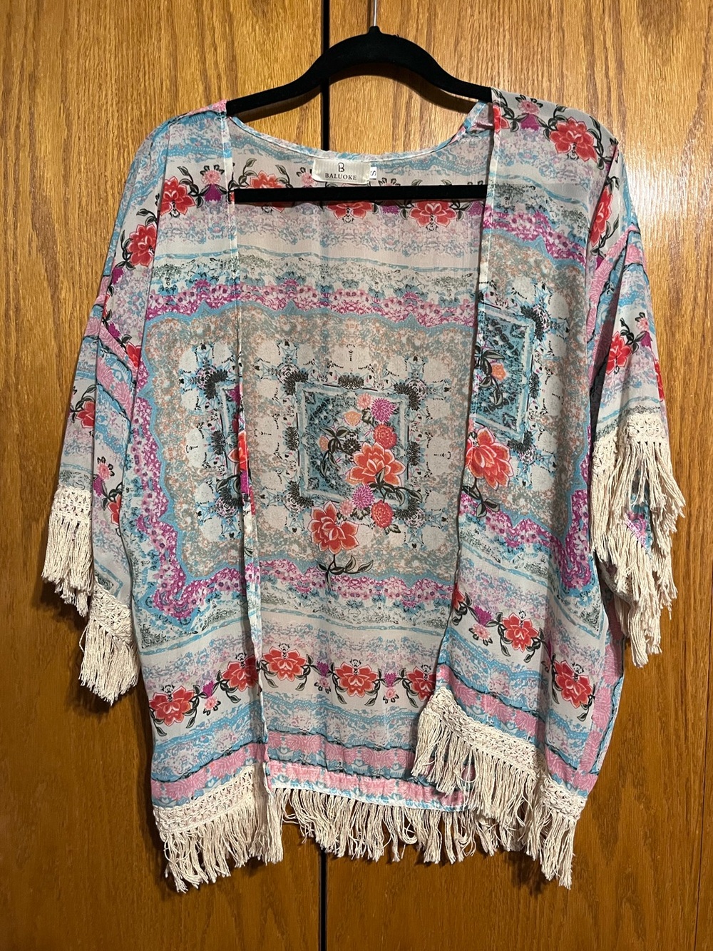 Light Blue Floral Fringe Kimono by